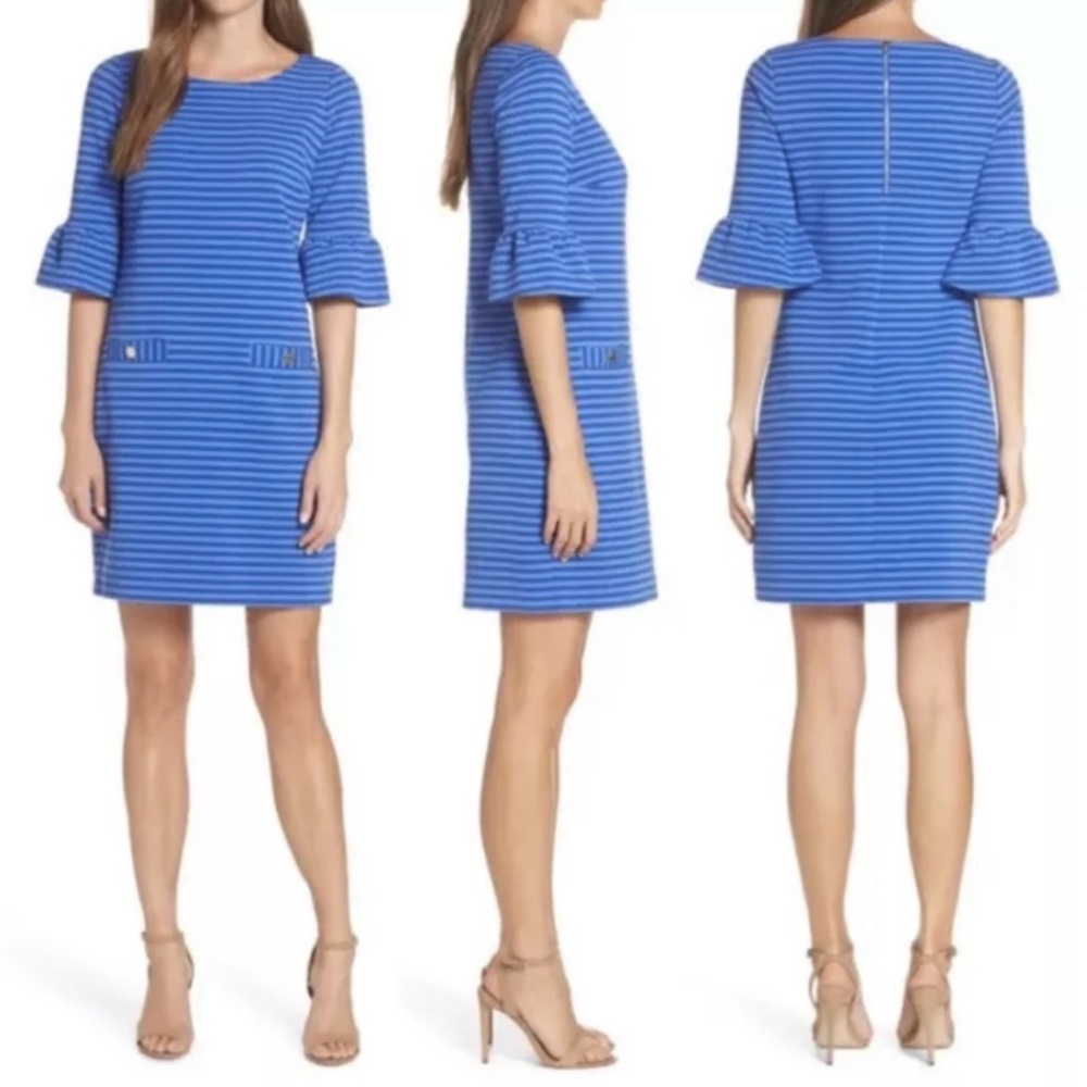 Lilly Pulitzer Alden Blue Grotto Ottoman Striped Bell Sleeve Shift Dress, Medium